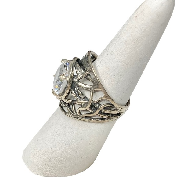 RARE Sterling Silver 925 Woven Branch Nest & Crystal CZ Boho Cocktail Ring 7 - Picture 6 of 14
